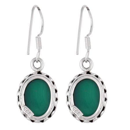 92.5 Sterling Silver Earring Handmade Oval Shaped Green Agate Hook Earrings
