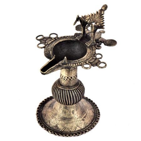 Handcrafted Ethnic Brass Oil Lamp Diya Deepak With StandÂ With Peacock Figurines