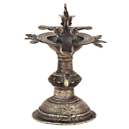 Handcrafted Ritual Brass Oil Lamp Diya StandÂ With Several  Peacock Figurines