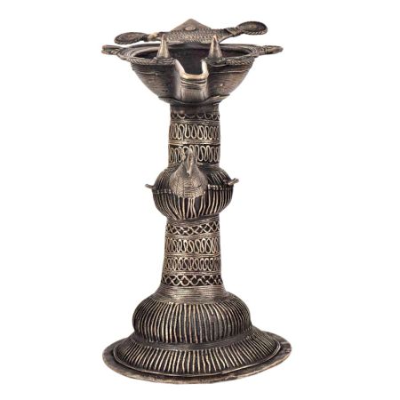 Dhokra Brass Oil Lamp With Stand Tribal Peacock Carving