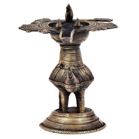 Indian Dokra Brass Oil Lamp Hand Crafted Peacock Oil Lamp
