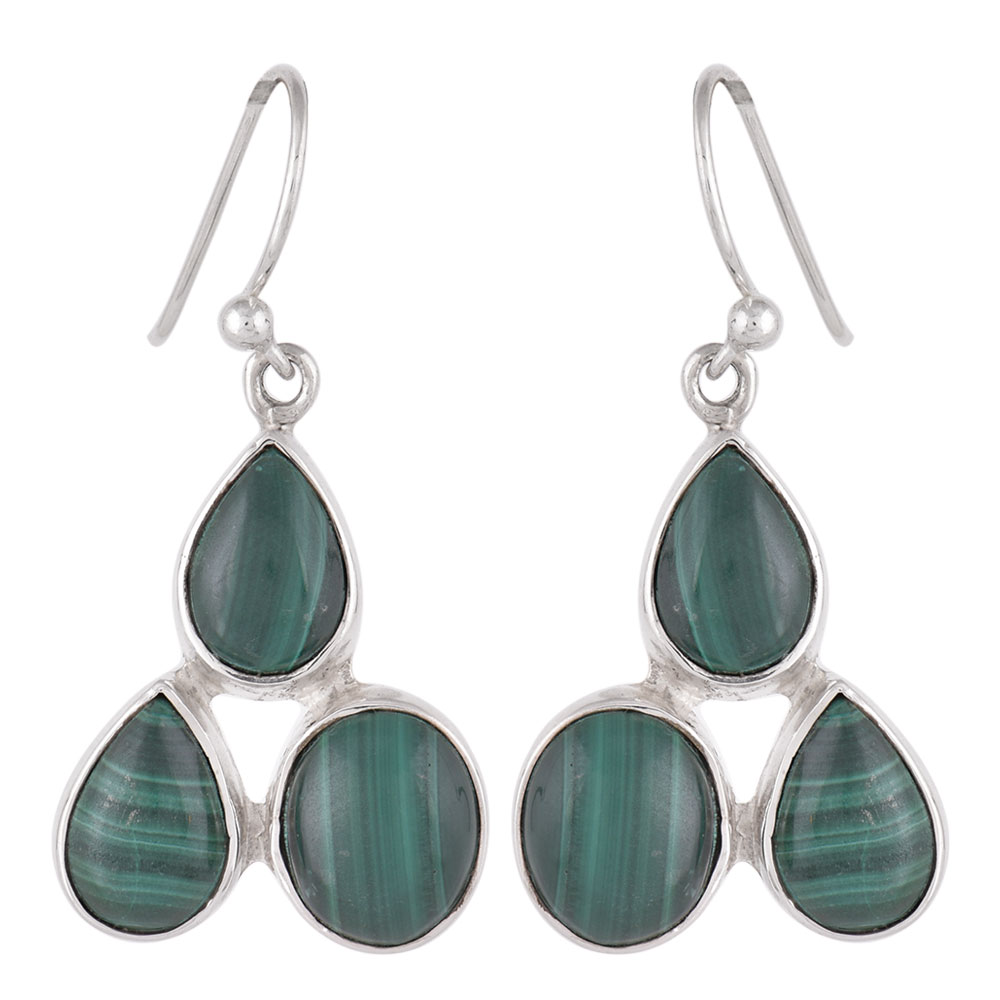 92.5 Sterling Silver Earings Three Studded Malachite Earrings