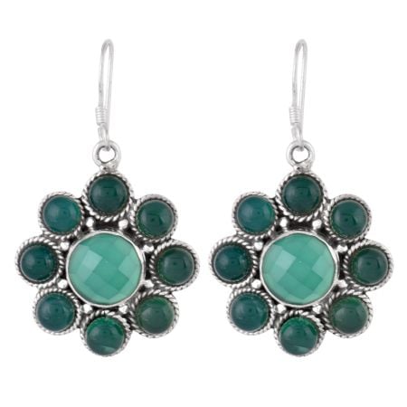 92.5 Sterling Silver Earrings Green Aventurine and Onyx Flower Earrings