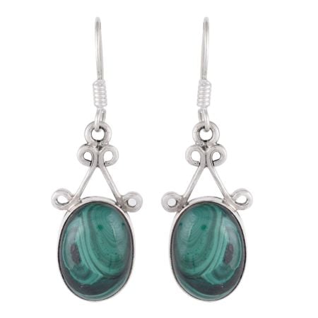 92.5 Sterling Silver Earings Oval  Malachite  Fancy Earrings
