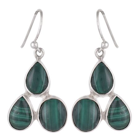 92.5 Sterling Silver Earings Three Studded  Malachite Earrings