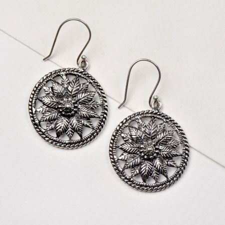 Round 92.5 Sterling Silver Dangle Earrings With Floral Filigree Work