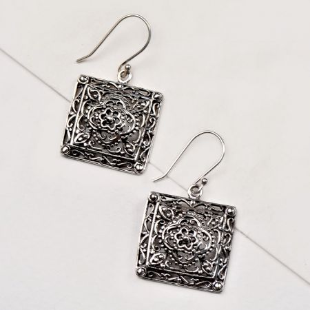 92.5 Sterling Silver Earrings Filigree Square Shaped Dangle Earrings