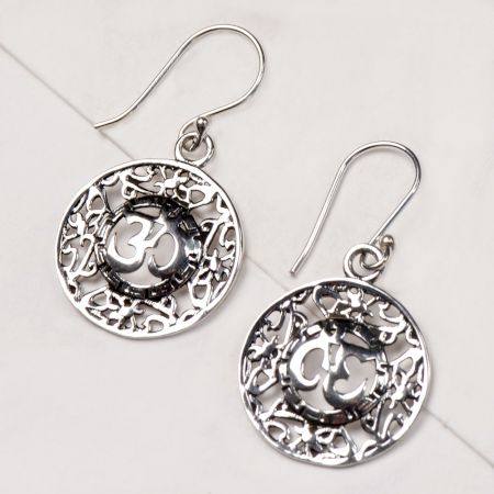 92.5 Sterling Silver Round Filigree Aum Om Centre Drop Earrings