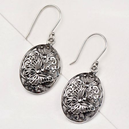 92.5 Sterling Silver Earrings Butterfly Scroll Work  Dangle Earrings