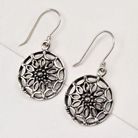 92.5 Sterling Silver Earrings Round Scroll Hanging Danglers
