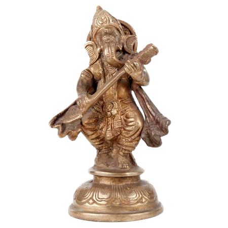 Brass Standing Ganesha Statue Playing The Veena