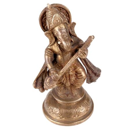 Brass Standing Ganesha Statue Playing The Veena