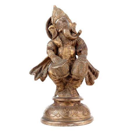 Standing Brass Ganesha Statue With Musical Instrument (Dholak )Decorative Showpiece