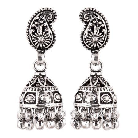 92.5 Sterling Silver Earrings Tribal Engraved Paisley Jhumkis