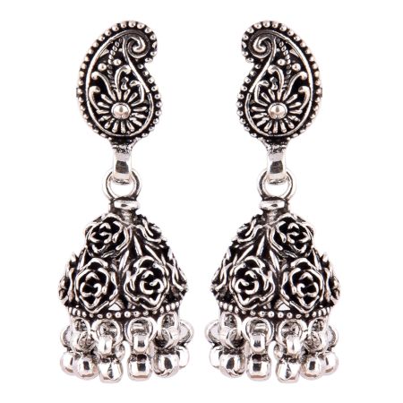 92.2 Sterling Silver Earrings Rose And Paisley Engraved Jhumkis