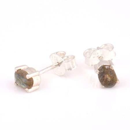 92.5 Sterling Silver Minimal Earrings  Grey Jade Cut Stone Stud Earrings