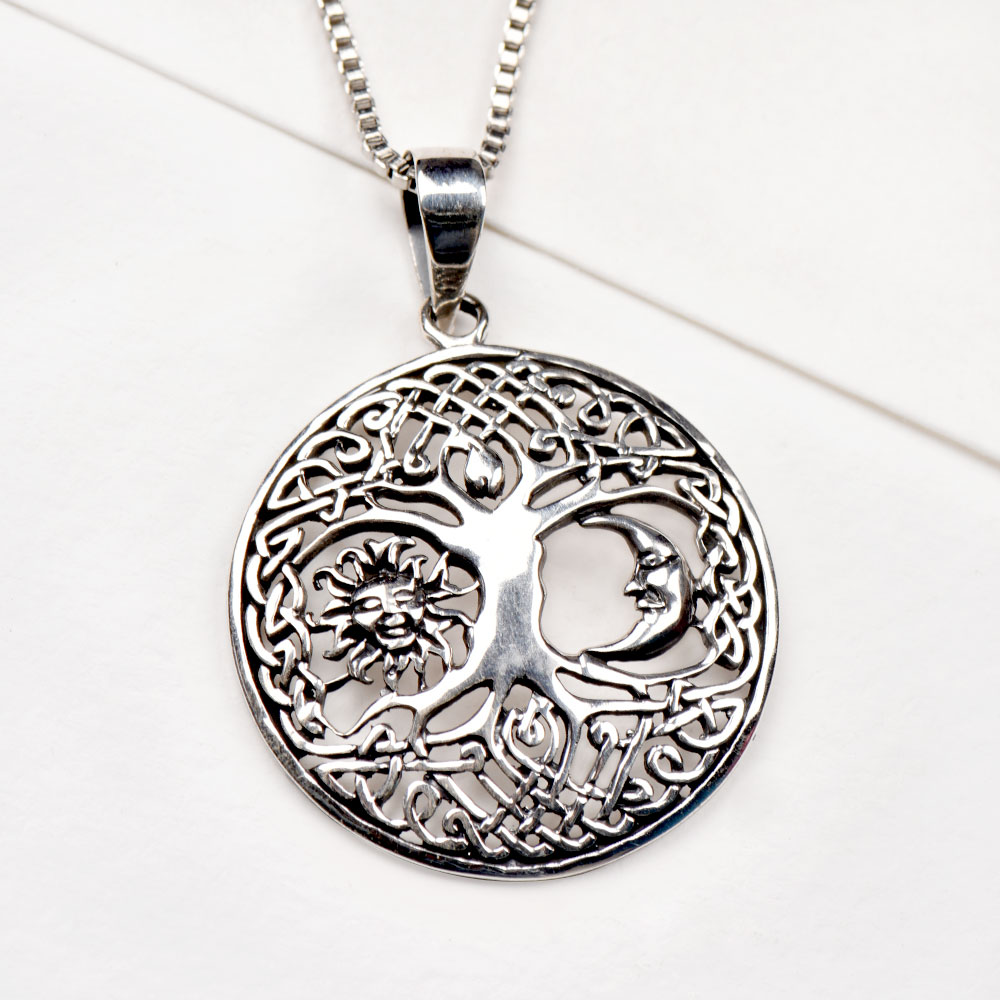 Tree of Life Sun Moon Sterling Silver Round Pendant Charm Necklace Chain