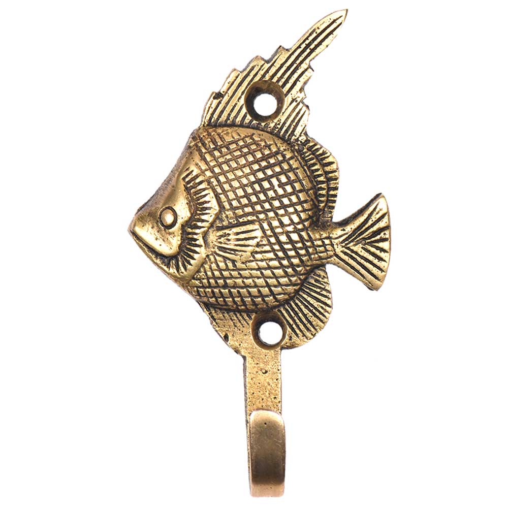 Small Brass Fish Wall Coat Hook With Engraved Design