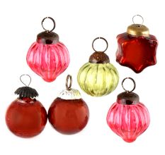 Set of 6 Handmade Red Pink And Olive Mini Christmas Ornaments In Assorted Styles