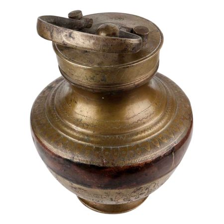 Brass And Copper Gangajal Pot With Carvings And Lid