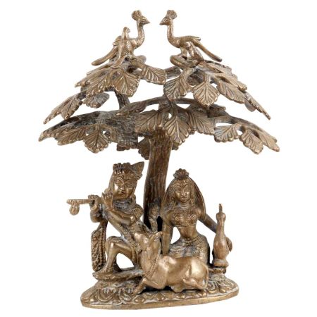 Brass Radha Krishna Sitting Under Tree with Peacock And Cow Metal Showpiece