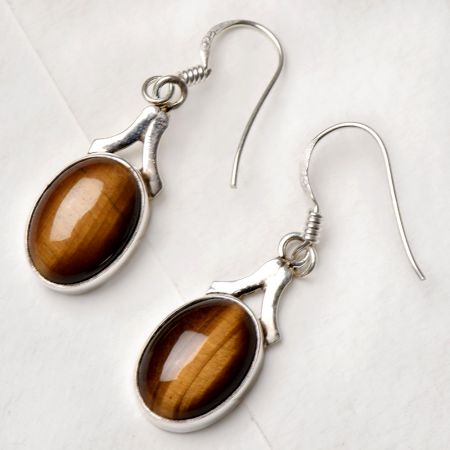 92.5 Sterling Silver Earrings  Oval Tiger Eye Dangler Earrings