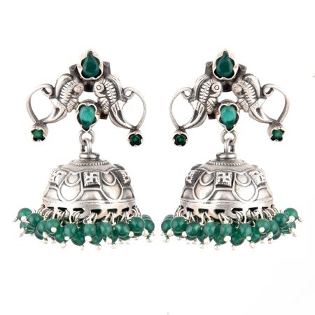 92.5 Sterling Silver Earrings Twin Peacock Oxidised Green Onyx Jhumki Earrings