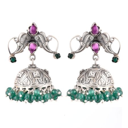 92.5 Sterling Silver Earrings Twin Peacock Pink Tourmaline And Green Agate Beads Jhumkis