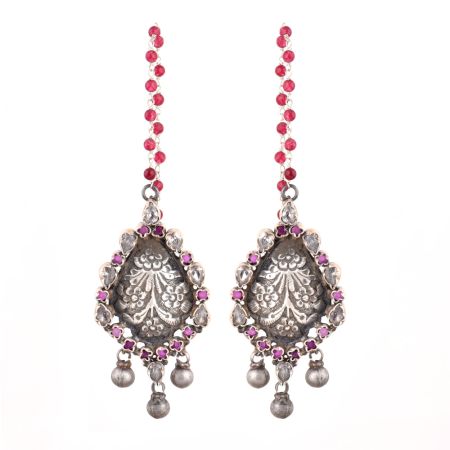 Sterling 92.5 Silver Earring Pink Tourmaline Chain Beaded Jhumkis