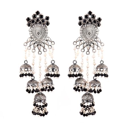 92.5 Sterling Silver Earrings Bahubali Four Layered Black Onyx Beads Jhumki  Earring