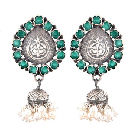 Traditional 92.5 Sterling Silver Earrings Fancy Designer Green Onyx Stone Oxidized Jhumki Earrings