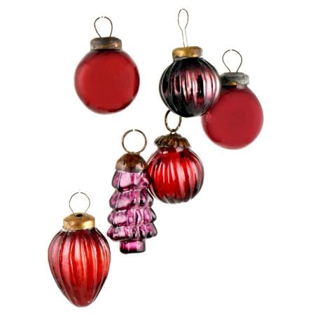 Set of 6 Handmade Red And Purple Mini Christmas Ornaments In Assorted Styles