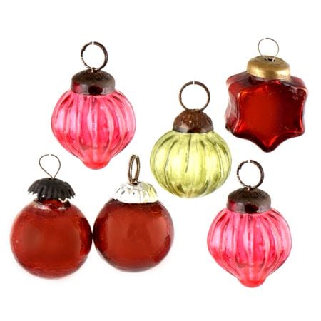 Set of 6 Handmade Red Pink And Olive Mini Christmas Ornaments In Assorted Styles