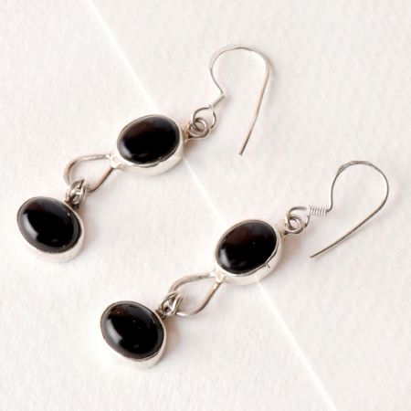 Twin Black Onyx 92.5 Sterling Silver Earrings Oval Shape Dangler Earrings