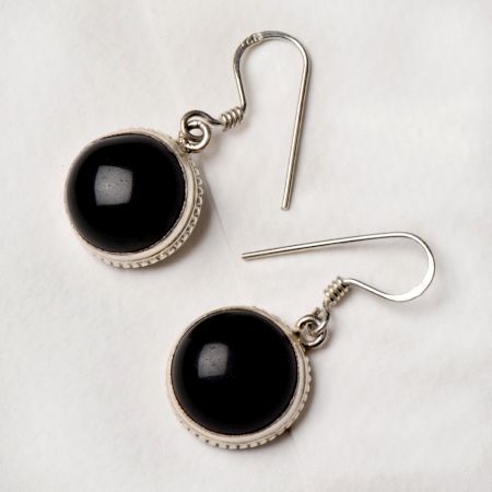 92.5 Sterling Silver Earrings Round Black Onyx Frames Drop Hanging Earrings