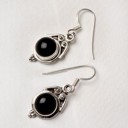 92.5 Sterling Silver Earrings Round Black Onyx Crown Design Bezel Set Drop Earrings For Women