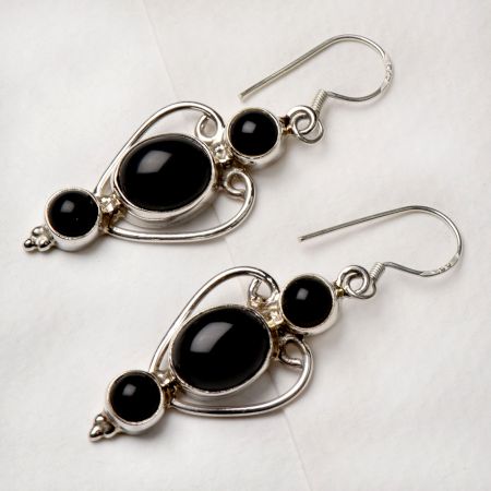 92.5 Sterling Silver Earrings Long Two Black Onyx And One Long Designer Dangler Earrings