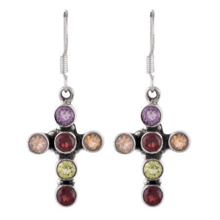 92.5 Sterling Silver Earrings Multi Stone Holy Cross Design Dangler Earrings