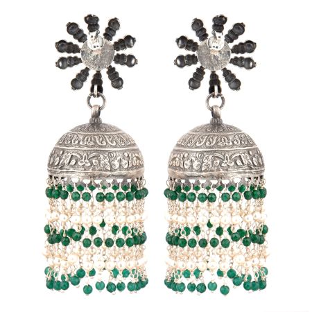92.5 Sterling Silver Earrings  Big Sunflower Stud Jhumkis With Green onyx Beads Tassels