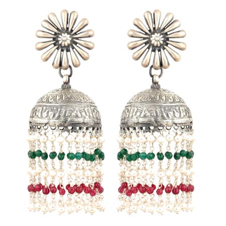 92.5 Sterling Silver Earrings Big Floral Stud Small silver red and Green Onyx Chandelier Tassel Jhumkis
