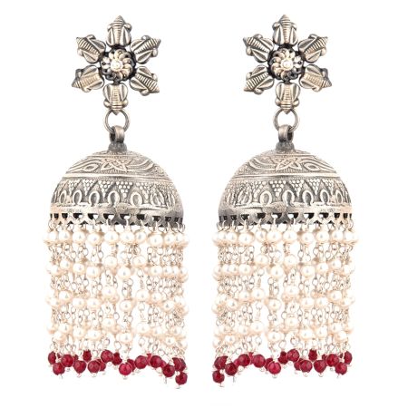 92.5 Sterling Silver Earrings Lotus Flower Jhumkis With Silver Beads And Red Onyx Beads Tassels