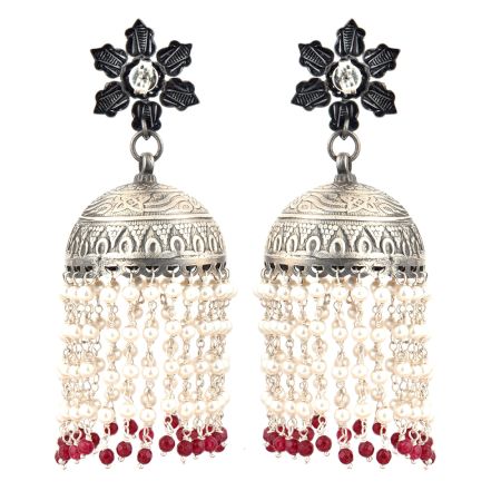 92.5 Sterling Silver Earrings Lotus Flower Jhumkis With Silver Beads And Red Onyx Beads Tassels