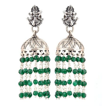 92.5 Sterling Silver Earrings Goddess Figurine Stud Jhumki Green Onyx Tassel Hangings