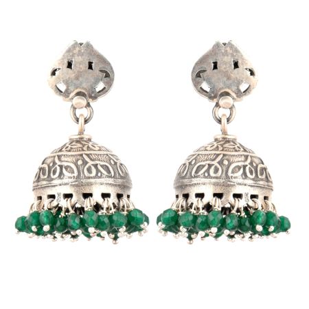 92.5 Sterling silver Earrings Abstract design Oxidized Silver jhumkis and Hanging Green Onyx Tassels