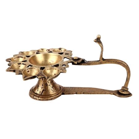 Brass Oil Lamp Eight Wicks Indian Snake Head Worship Lamp