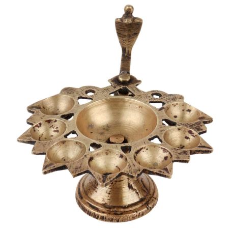 Brass Oil Lamp Eight Wicks Indian Snake Head Worship Lamp