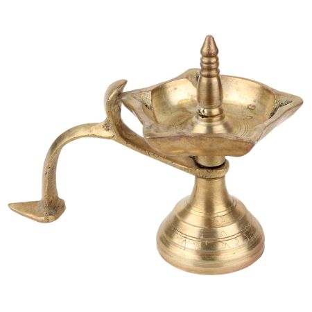 Small Brass Oil Lamp (Kuthu Vilakku) Four Wicks Snake Head Handle