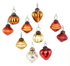 Set Of 10 Glass Christmas Ornaments In Fiery Orange And Assorted Styles