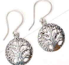 Round 92.5 Sterling Silver Earrings Old Tree of Life Motif With Cross stitch Design Border