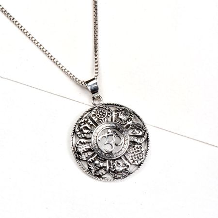 92.5 Sterling silver pendant Aum In Centre With Symbols In Outer Ring